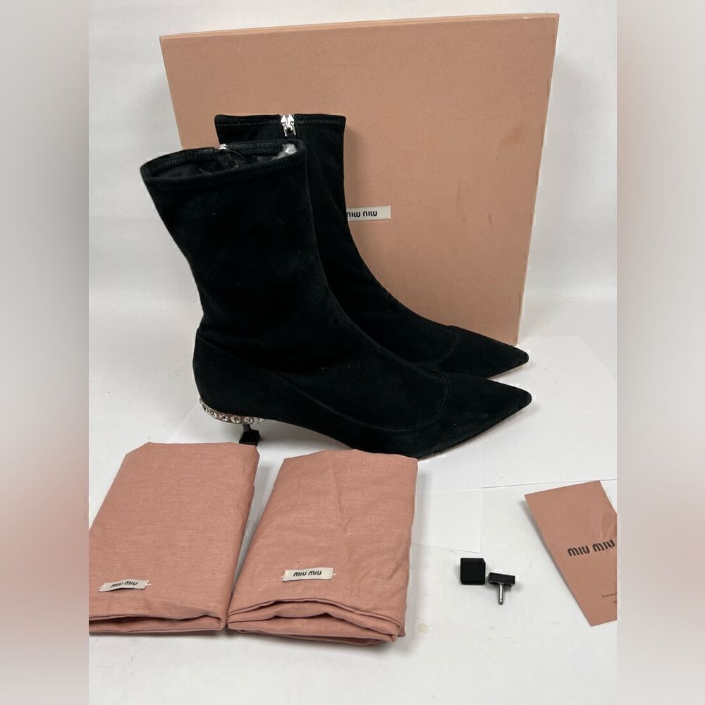Miu Miu Women's Black Suede Kitten Heel Rhine Stone Sock Boots Size 40 US 10